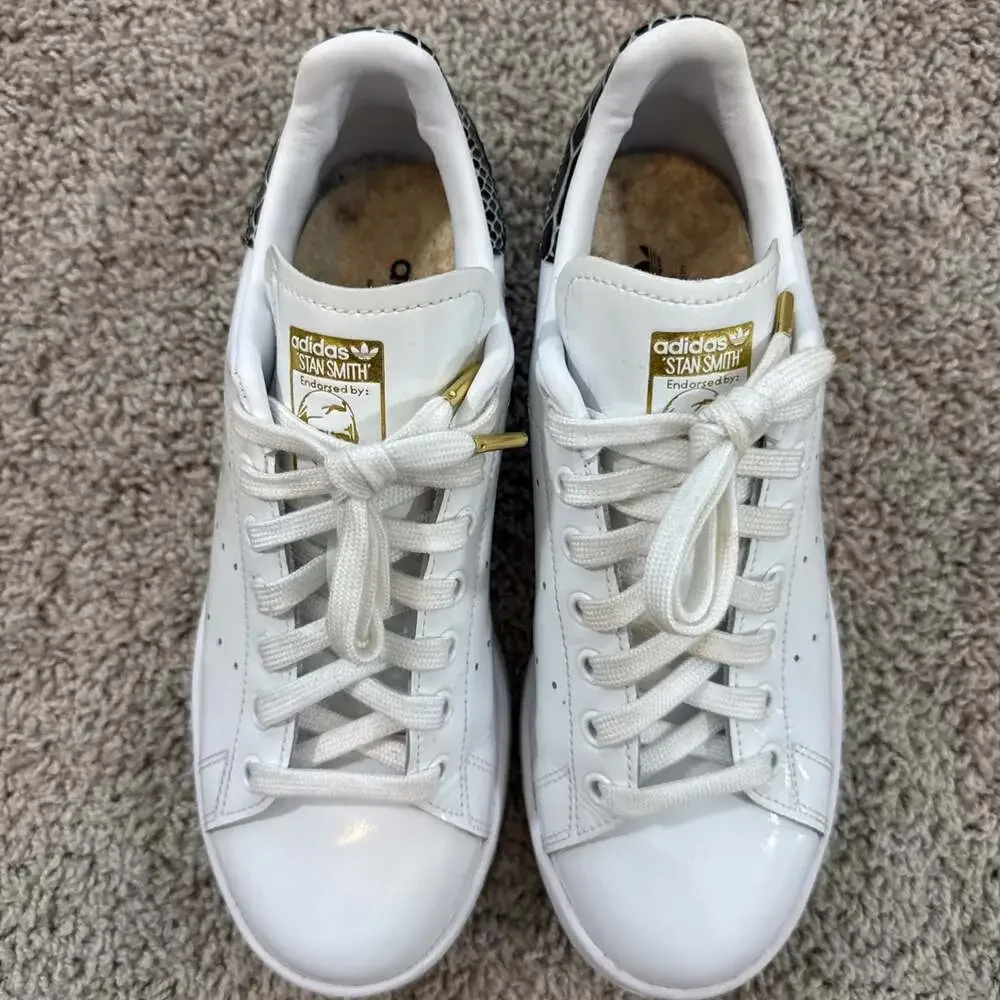 Adidas Stan Smith Womens 8 White Gold‎ Snake Heel Tab Leather Sneakers EUC